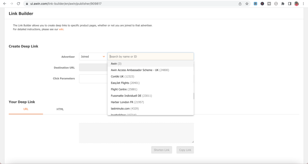 building an affiliate link on awin